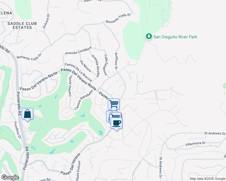 map of restaurants, bars, coffee shops, grocery stores, and more near 18235 Corte De Casares in San Diego