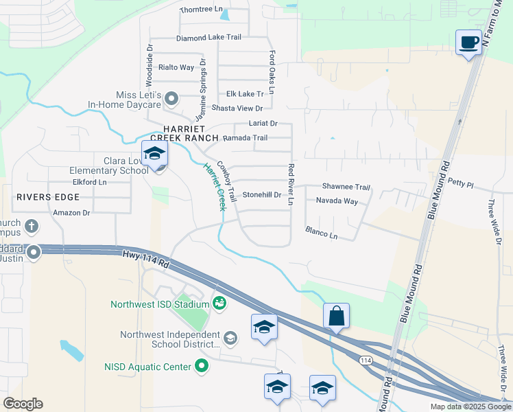 map of restaurants, bars, coffee shops, grocery stores, and more near 1921 Caddo Springs Drive in Justin