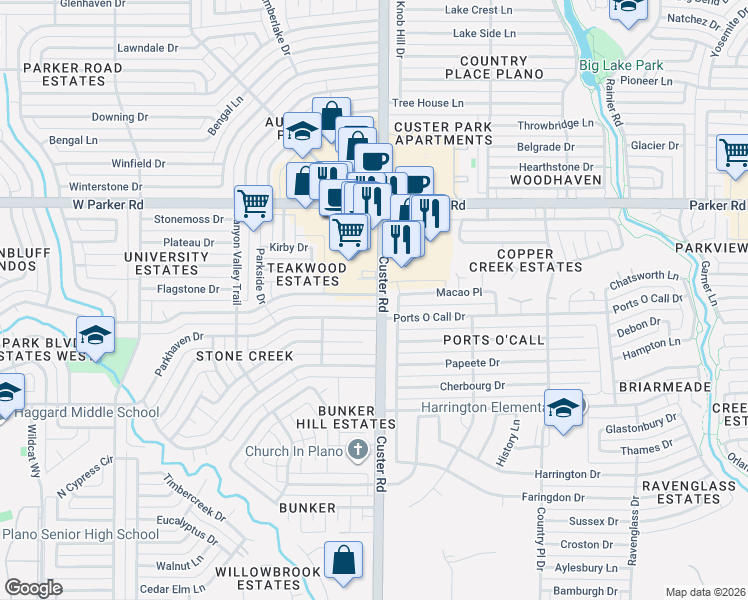 map of restaurants, bars, coffee shops, grocery stores, and more near 2102 Teakwood Lane in Plano
