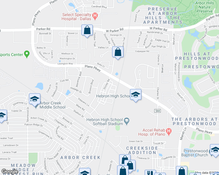 map of restaurants, bars, coffee shops, grocery stores, and more near 4687 Rhett Lane in Carrollton