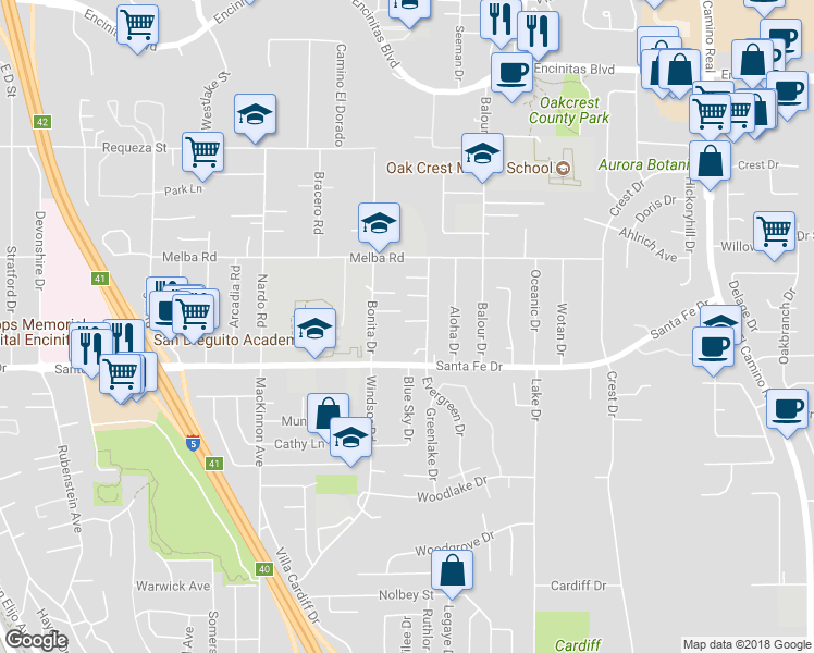map of restaurants, bars, coffee shops, grocery stores, and more near 945 Windy Hill Terrace in Encinitas