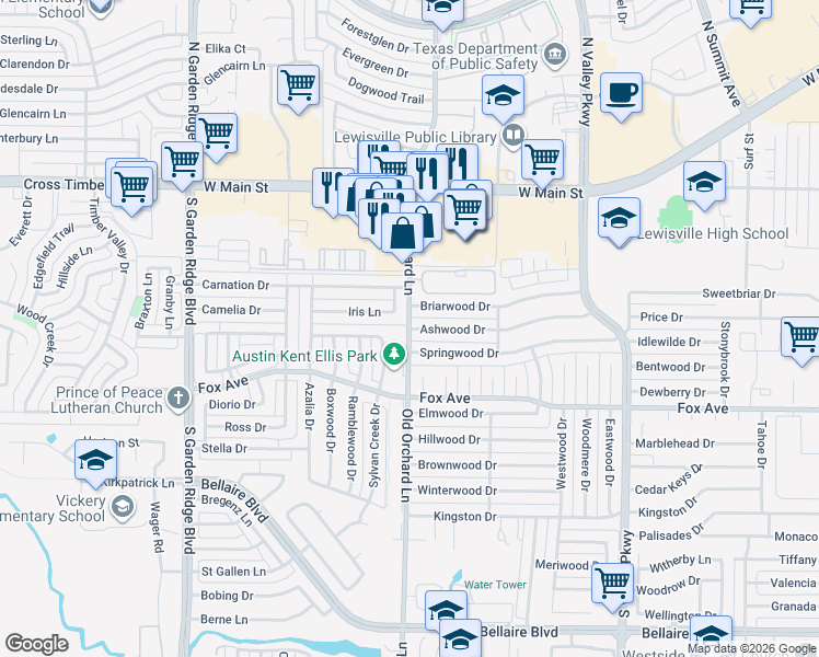 map of restaurants, bars, coffee shops, grocery stores, and more near 1242 Ashwood Drive in Lewisville