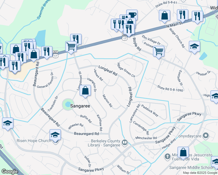 map of restaurants, bars, coffee shops, grocery stores, and more near 113 James Road in Summerville