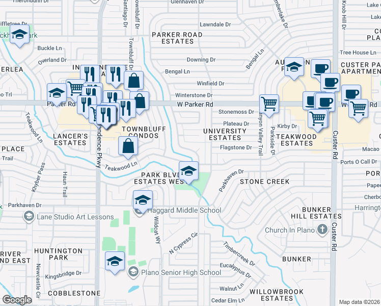 map of restaurants, bars, coffee shops, grocery stores, and more near 2913 Deep Valley Trail in Plano