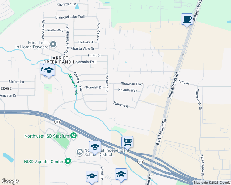 map of restaurants, bars, coffee shops, grocery stores, and more near 16129 Kiva Court in Justin