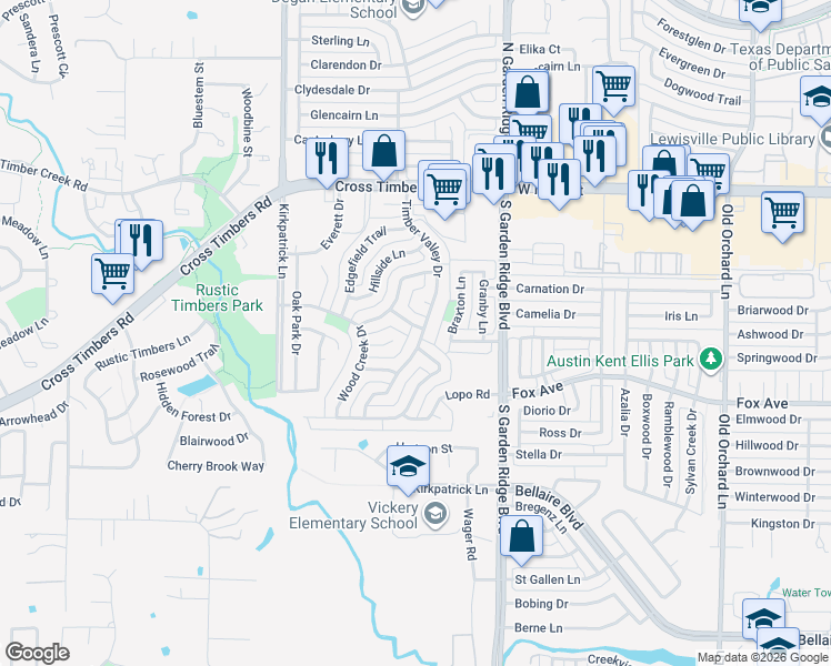 map of restaurants, bars, coffee shops, grocery stores, and more near 1200 Timber Valley Drive in Flower Mound