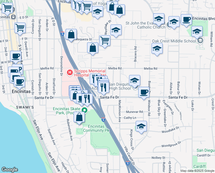 map of restaurants, bars, coffee shops, grocery stores, and more near 1121 Gardena Road in Encinitas