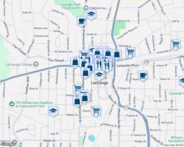 map of restaurants, bars, coffee shops, grocery stores, and more near 300 West Broome Street in LaGrange