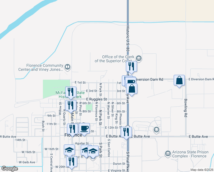 map of restaurants, bars, coffee shops, grocery stores, and more near 610 North Warner Street in Florence