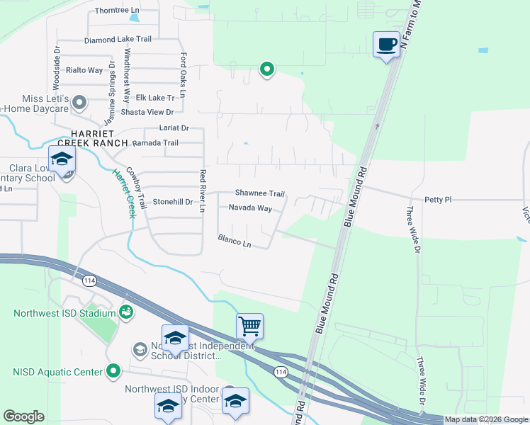map of restaurants, bars, coffee shops, grocery stores, and more near 2108 Navada Way in Justin