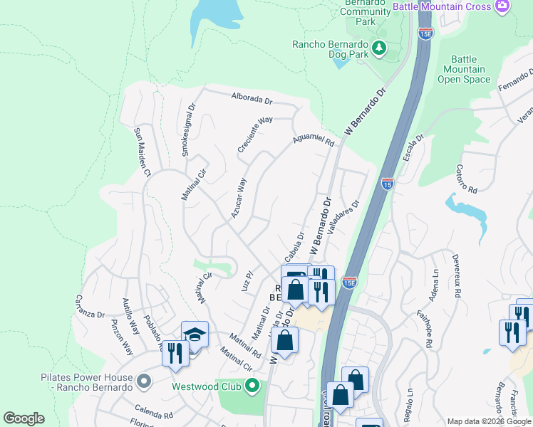 map of restaurants, bars, coffee shops, grocery stores, and more near 17818 Corazon Place in San Diego