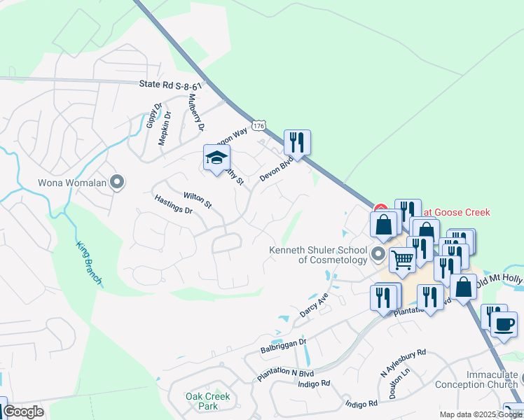 map of restaurants, bars, coffee shops, grocery stores, and more near 211 Ivybridge Court in Goose Creek