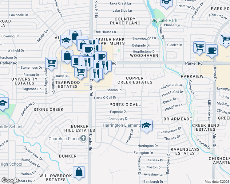map of restaurants, bars, coffee shops, grocery stores, and more near 1908 Macao Place in Plano