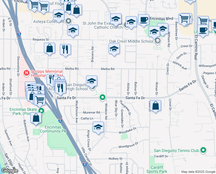map of restaurants, bars, coffee shops, grocery stores, and more near 1129 Bonita Drive in Encinitas