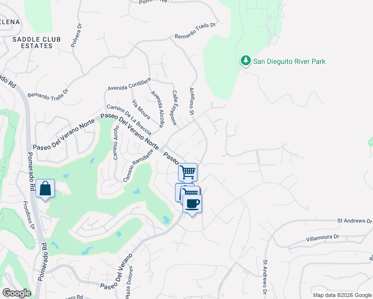 map of restaurants, bars, coffee shops, grocery stores, and more near 18235 Corte De Casares in San Diego