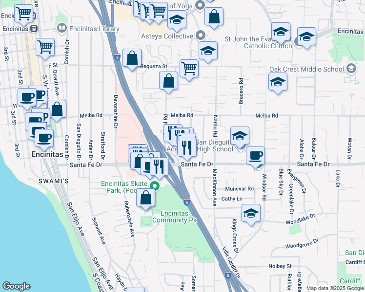 map of restaurants, bars, coffee shops, grocery stores, and more near 1133 Golden Road in Encinitas