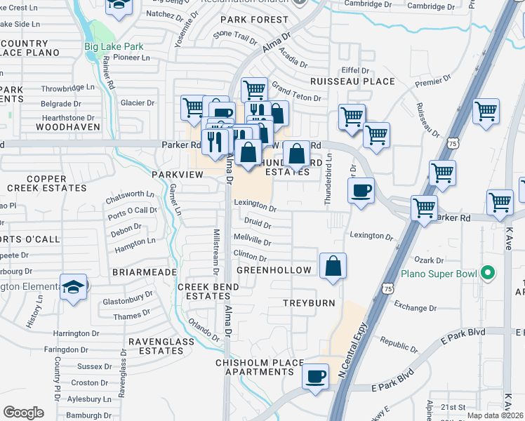 map of restaurants, bars, coffee shops, grocery stores, and more near 1000 Lexington Drive in Plano