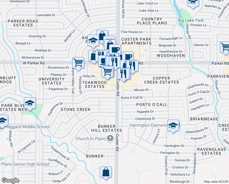 map of restaurants, bars, coffee shops, grocery stores, and more near 2102 Teakwood Lane in Plano