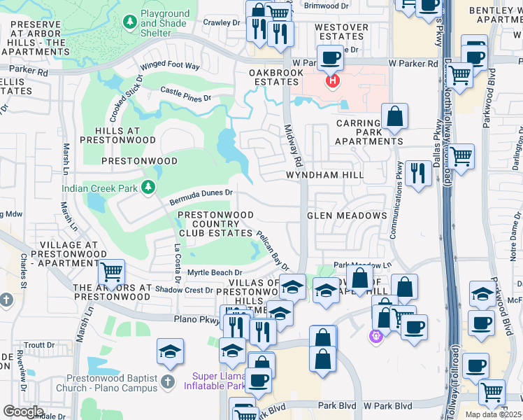 map of restaurants, bars, coffee shops, grocery stores, and more near 6445 Brandon Court in Plano