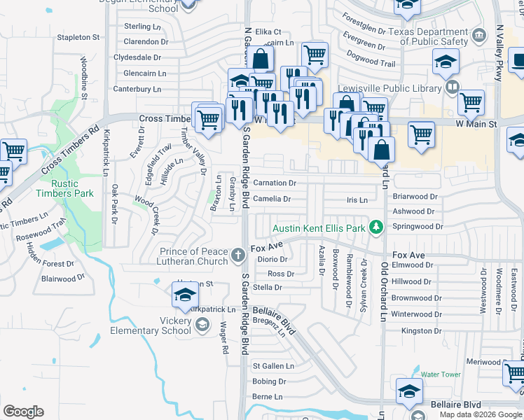 map of restaurants, bars, coffee shops, grocery stores, and more near 1425 Marblecrest Drive in Lewisville