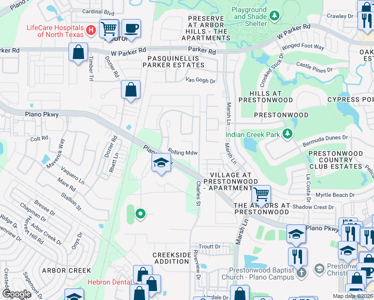 map of restaurants, bars, coffee shops, grocery stores, and more near 2621 Rolling Meadow in Carrollton