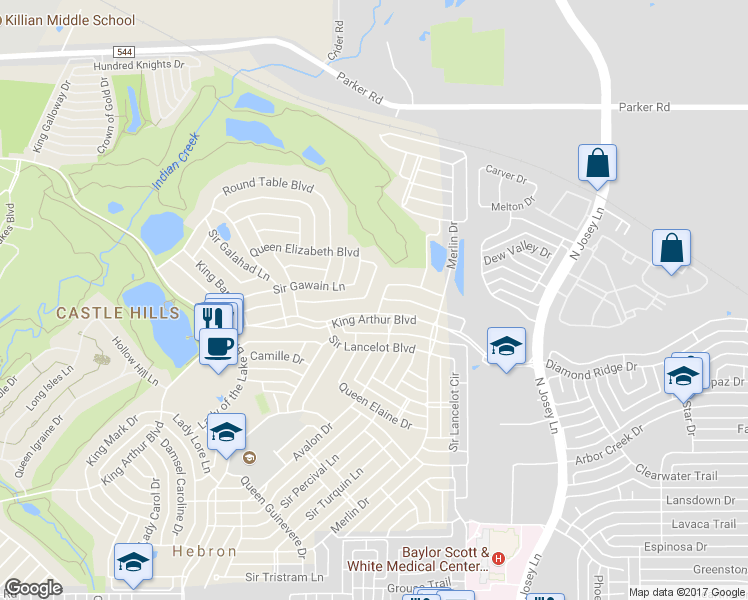 map of restaurants, bars, coffee shops, grocery stores, and more near 2611 Sir Castor Court in Lewisville