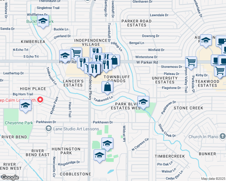 map of restaurants, bars, coffee shops, grocery stores, and more near 2720 Townbluff Drive in Plano
