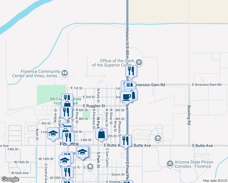 map of restaurants, bars, coffee shops, grocery stores, and more near 610 King Street in Florence
