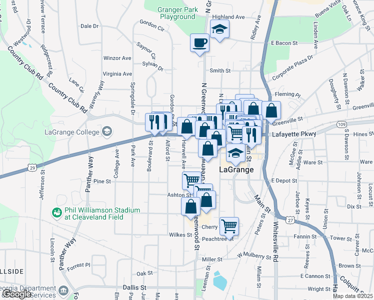 map of restaurants, bars, coffee shops, grocery stores, and more near 107 Harwell Avenue in LaGrange