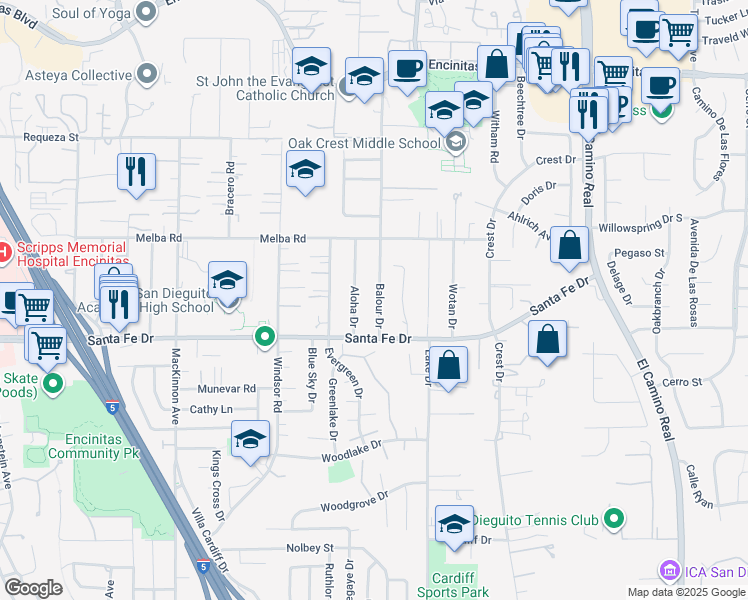 map of restaurants, bars, coffee shops, grocery stores, and more near 1122 Balour Drive in Encinitas