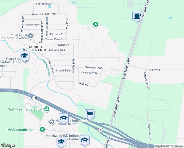 map of restaurants, bars, coffee shops, grocery stores, and more near 2108 Navada Way in Justin
