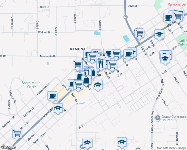 map of restaurants, bars, coffee shops, grocery stores, and more near  in Ramona
