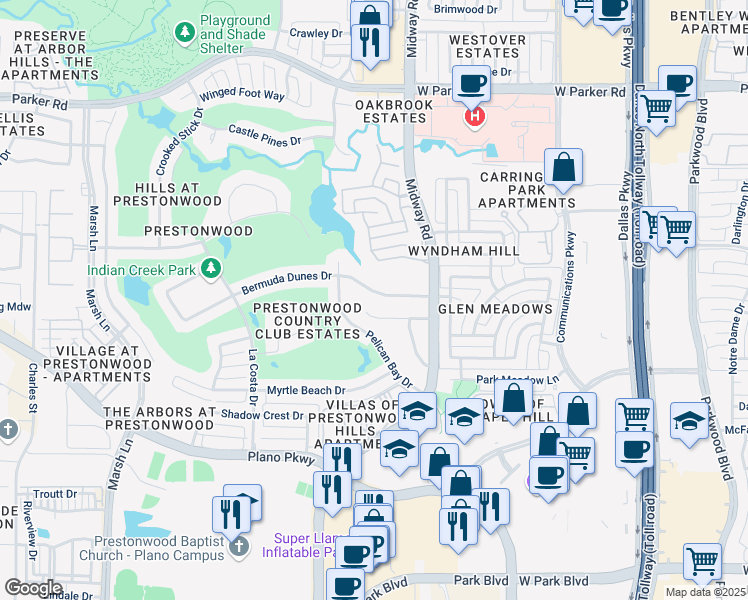 map of restaurants, bars, coffee shops, grocery stores, and more near 6445 Brandon Court in Plano