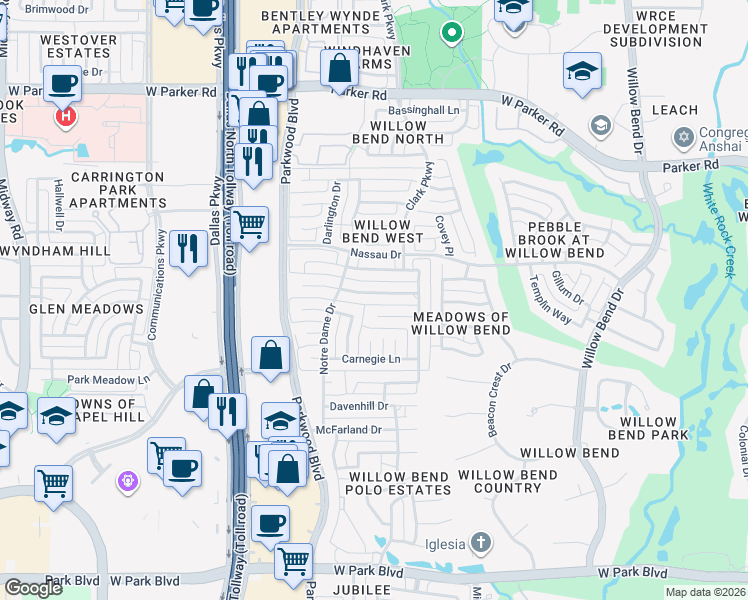 map of restaurants, bars, coffee shops, grocery stores, and more near 5928 Glendower Lane in Plano