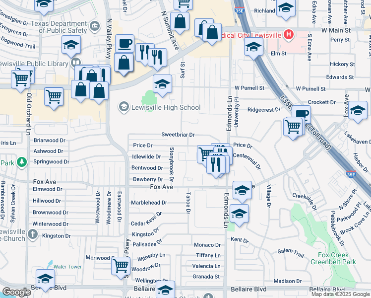 map of restaurants, bars, coffee shops, grocery stores, and more near 502 Price Drive in Lewisville