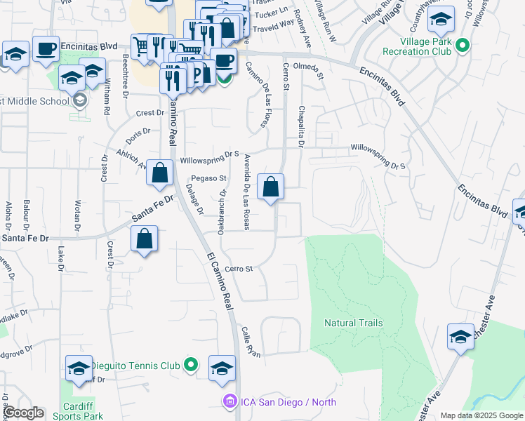map of restaurants, bars, coffee shops, grocery stores, and more near 1528 Calle Narcisos in Encinitas