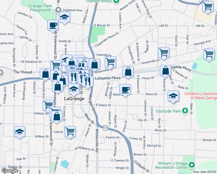 map of restaurants, bars, coffee shops, grocery stores, and more near 108 McGee Street in LaGrange