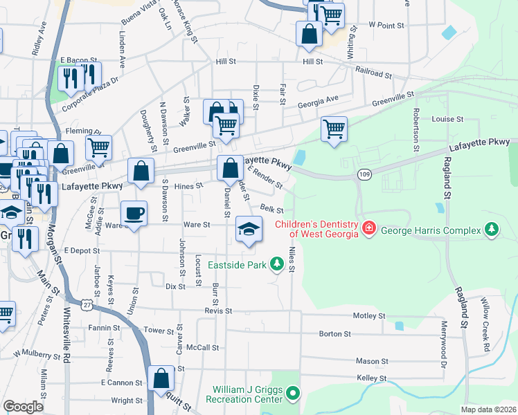 map of restaurants, bars, coffee shops, grocery stores, and more near 317 Render Street in LaGrange