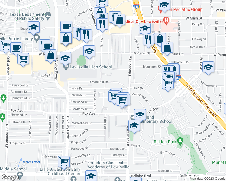 map of restaurants, bars, coffee shops, grocery stores, and more near 444 Price Drive in Lewisville