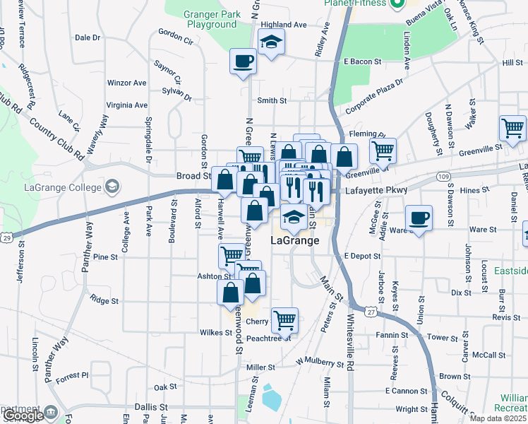 map of restaurants, bars, coffee shops, grocery stores, and more near 208 West Broome Street in LaGrange