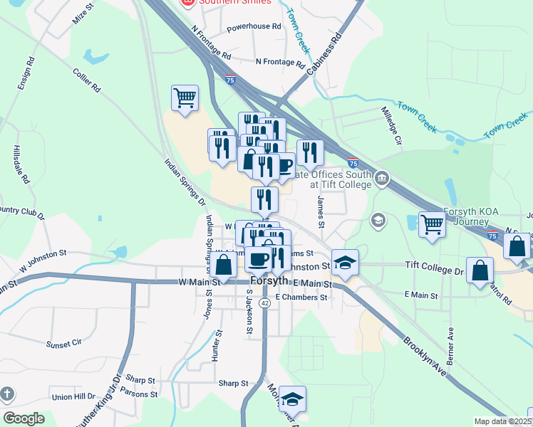 map of restaurants, bars, coffee shops, grocery stores, and more near Railroad Avenue in Forsyth