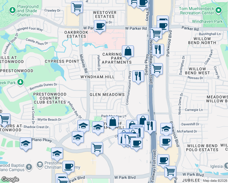 map of restaurants, bars, coffee shops, grocery stores, and more near 2636 Barrington Drive in Plano