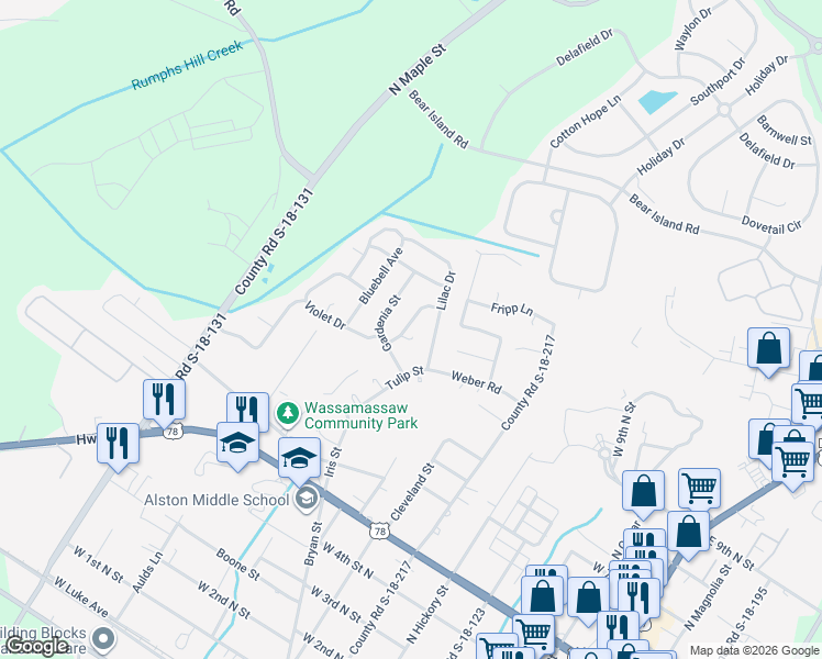 map of restaurants, bars, coffee shops, grocery stores, and more near 105 Daffodil Street in Summerville