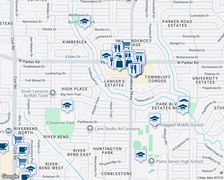 map of restaurants, bars, coffee shops, grocery stores, and more near 2929 Bandolino Lane in Plano