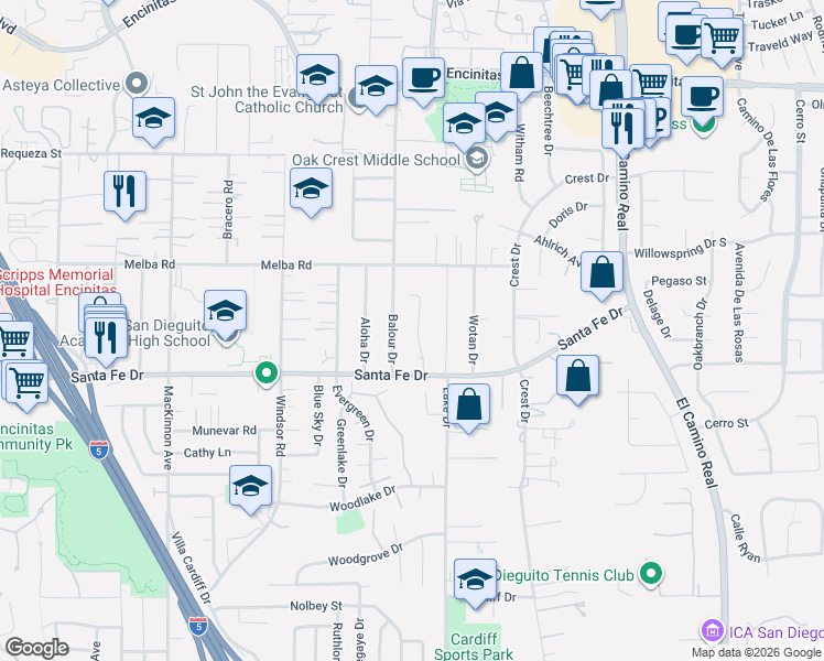 map of restaurants, bars, coffee shops, grocery stores, and more near 1062 Monterey Vista Way in Encinitas