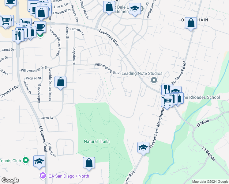 map of restaurants, bars, coffee shops, grocery stores, and more near 1982 Fairlee Drive in Encinitas