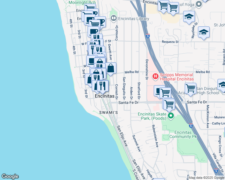 map of restaurants, bars, coffee shops, grocery stores, and more near 1130 Dewitt Avenue in Encinitas