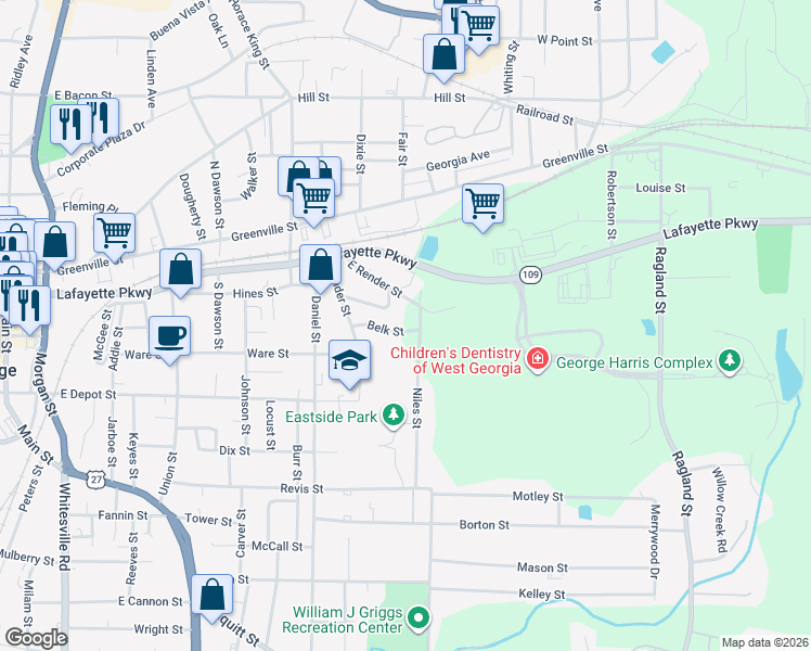 map of restaurants, bars, coffee shops, grocery stores, and more near 117 Belk Street in LaGrange