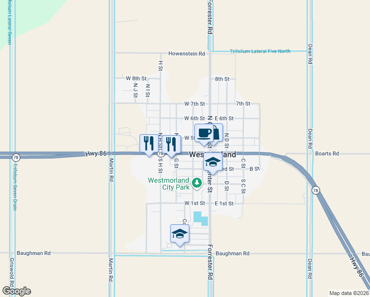 map of restaurants, bars, coffee shops, grocery stores, and more near North G Street in Westmorland