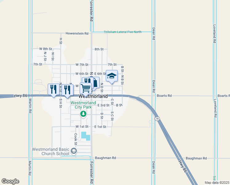 map of restaurants, bars, coffee shops, grocery stores, and more near 301 East Main Street in Westmorland